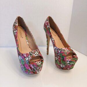 Shoedazzle Pink Skull roses Peeptoe Platform Stiletto Heels Size 7 Pumps 5" Heel